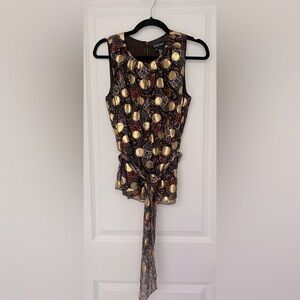 Etcetera Brown Metallic Gold Polka Dot Floral Silk Womens Sleeveless Blo…